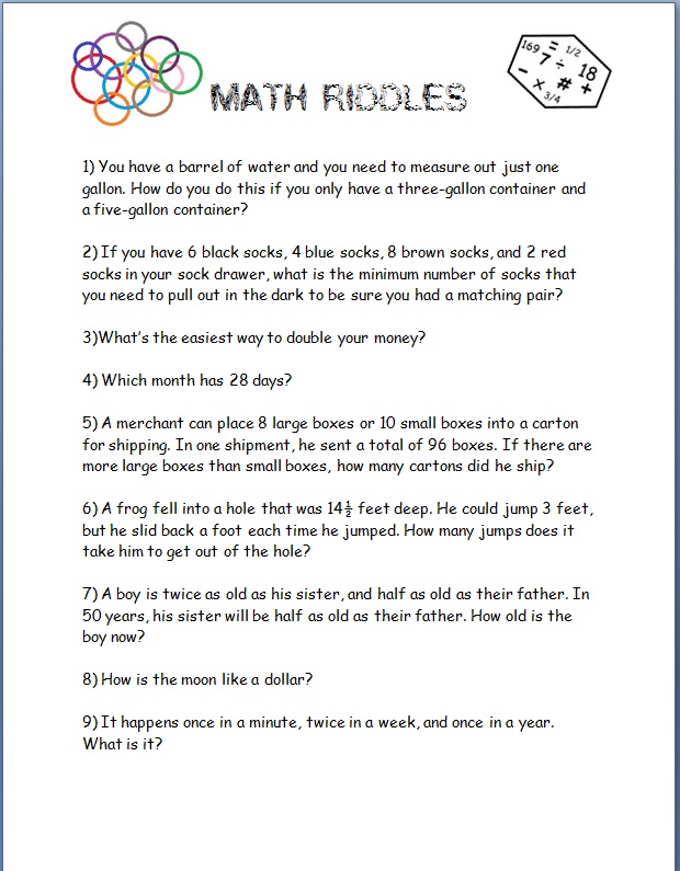 Math Brain Teasers Worksheet