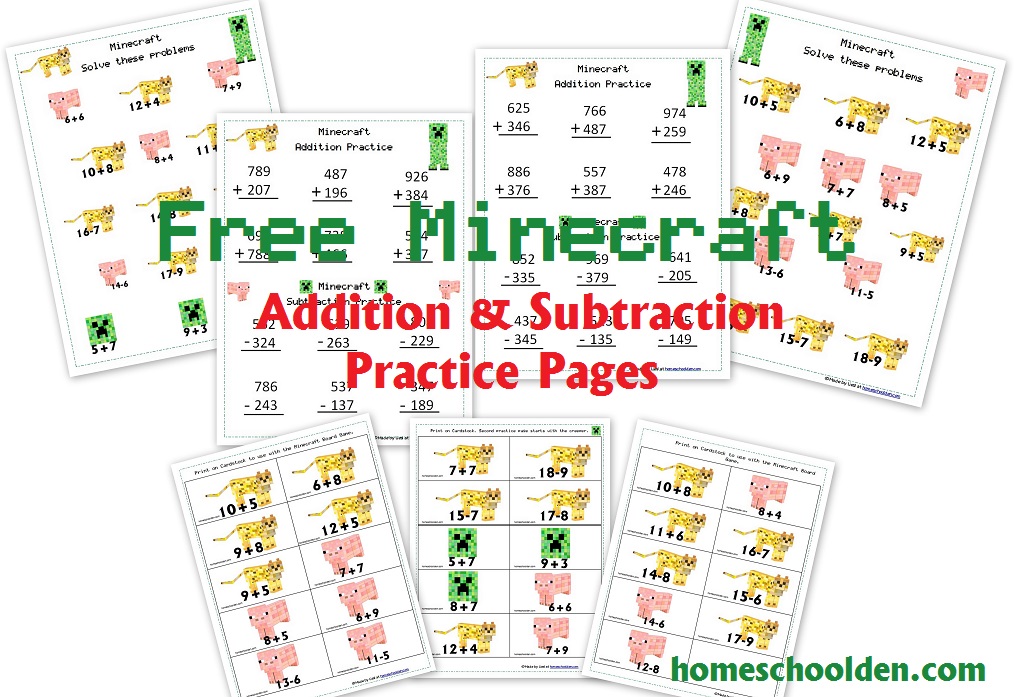 Free Minecraft Math Addition Subtraction Practice Pack Homeschool Den