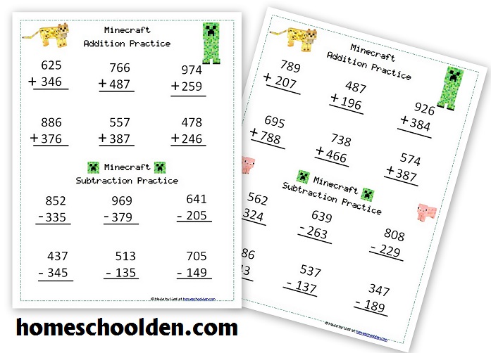 Free Minecraft Math Addition Subtraction Practice Pack Homeschool Den