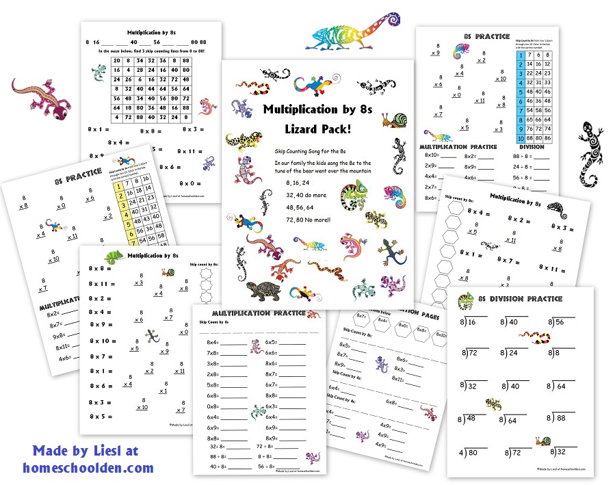 Multiplication by 8s Worksheet Packet (Lizard Theme) Homeschool Den