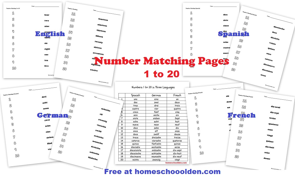 Number-Matching-Pages-1-to-20-English-Spanish-German-French