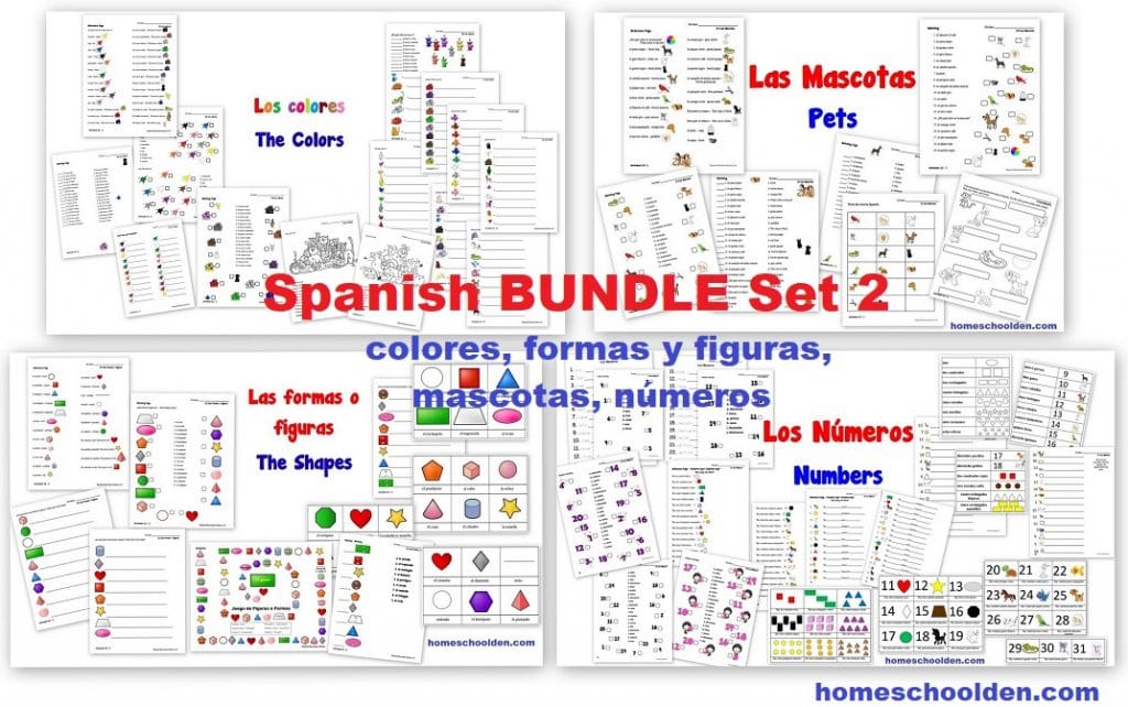 Spanish Worksheet BUNDLE Set2-colores formas figuras mascotas numeros-colors shapes pets numbers