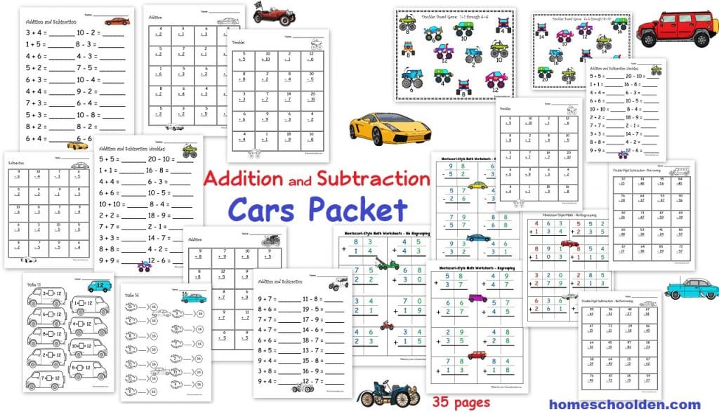Addition Subtraction - Cars Worksheet Packet