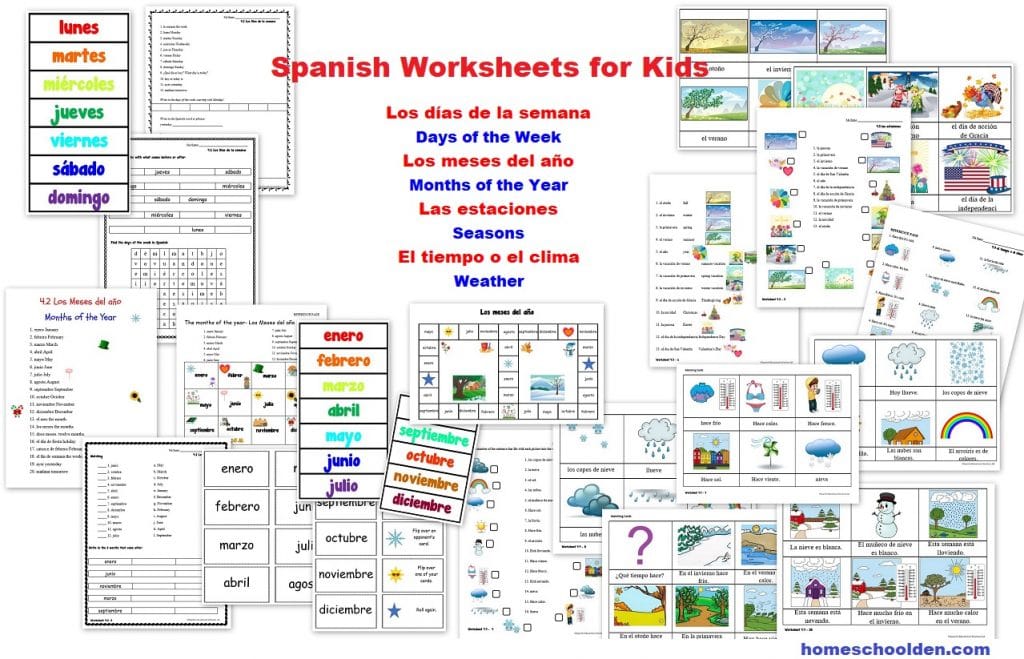 Spanish Worksheets for Kids - Days Month Seasons Weather - días meses estaciones tiempo clima