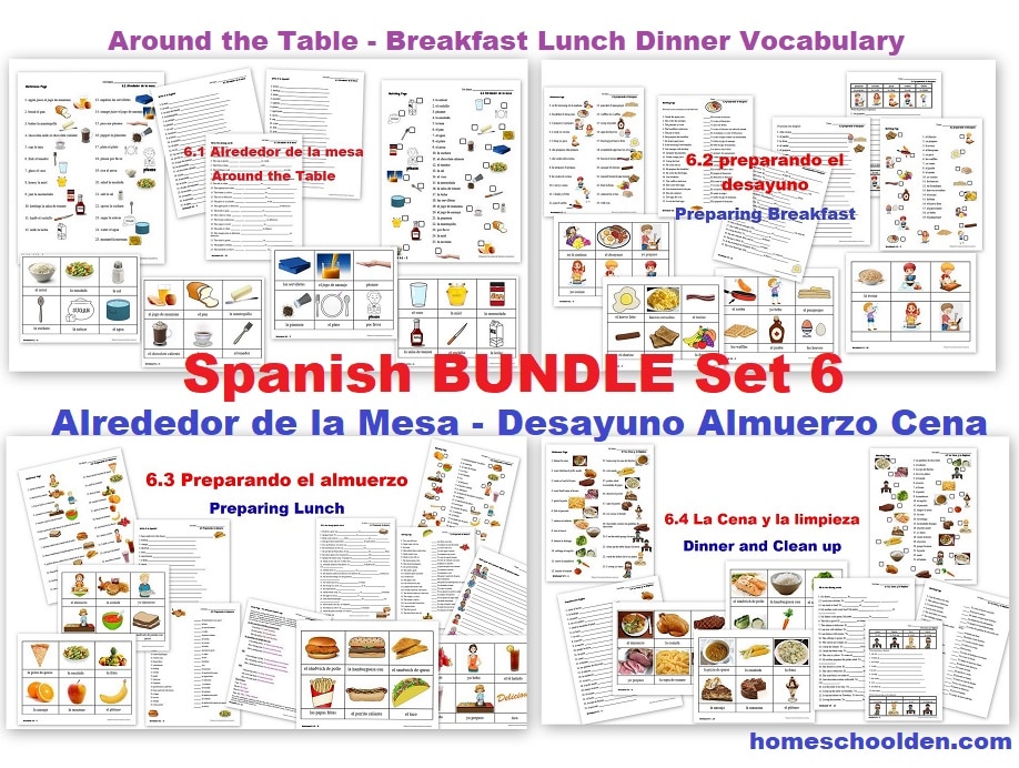 espanhol alimentação e Refeição - Planilhas do pequeno-almoço, Almoço, Jantar Alrededor de la Mesa - Desayuno Almuerzo Cena