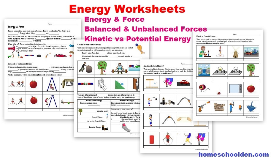 Free potential and kinetic energy worksheets