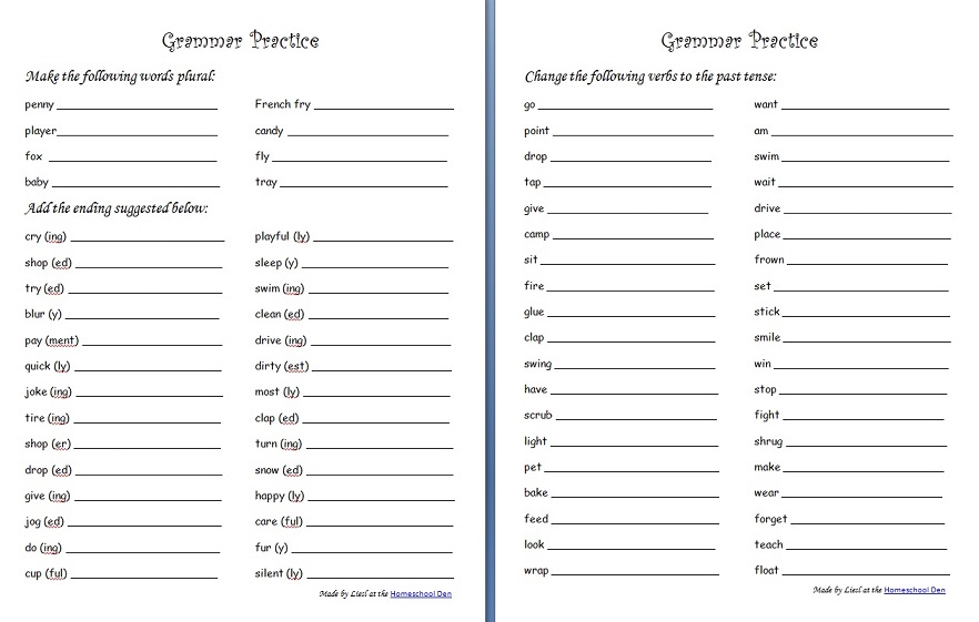 grammar practice sheets plurals endings past tense verbs homeschool den
