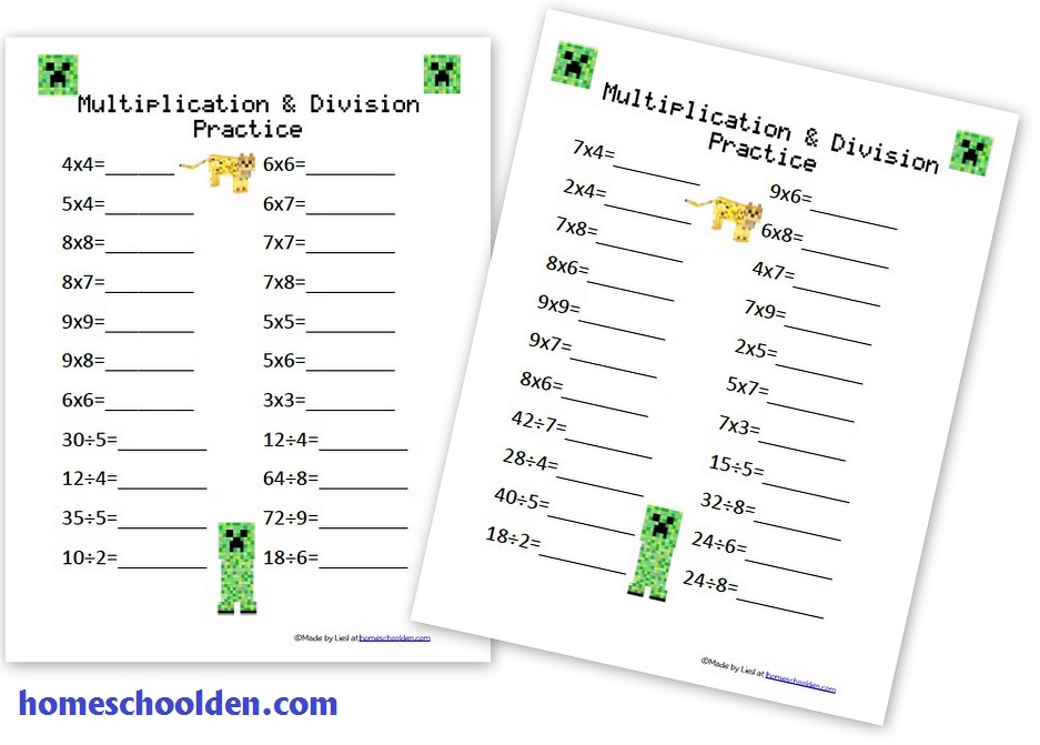 Multiplication Division Pages With A Minecraft Theme Homeschool Den