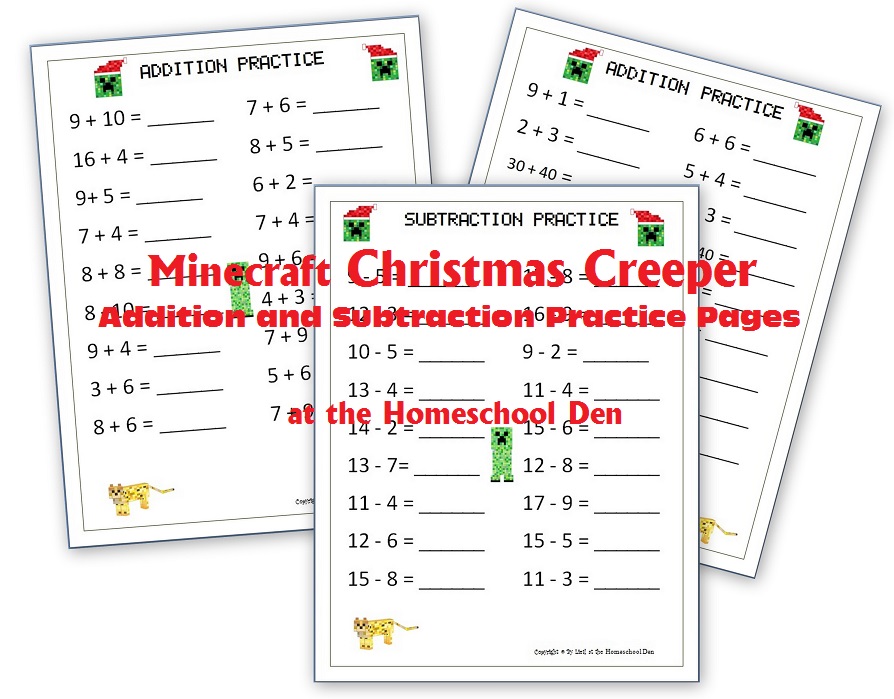 Minecraft Christmas Creeper Addition Subtraction Practice