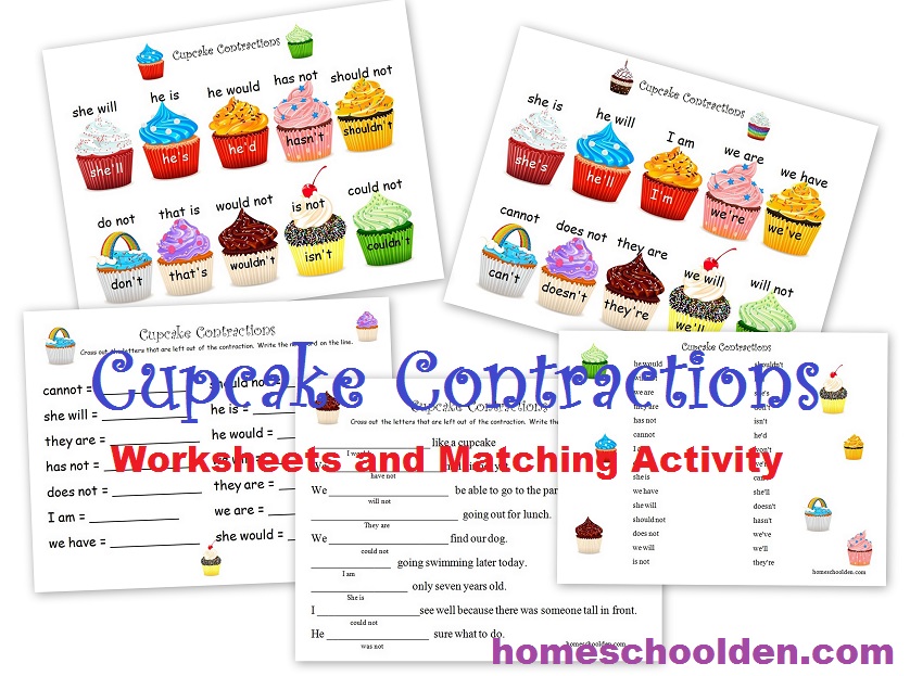 Cupcake Contractions Worksheets and Free Printable Matching Activity