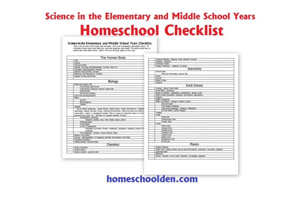 Homeschool Science Checklist - elementary and middle school