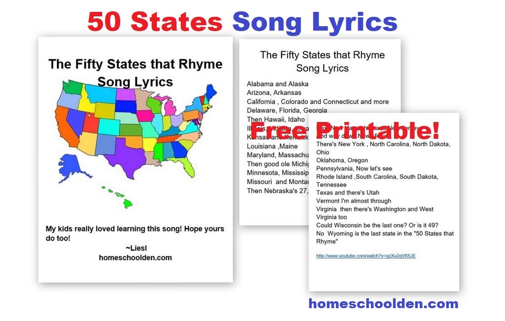 50 States Song Lyrics - Free Printable
