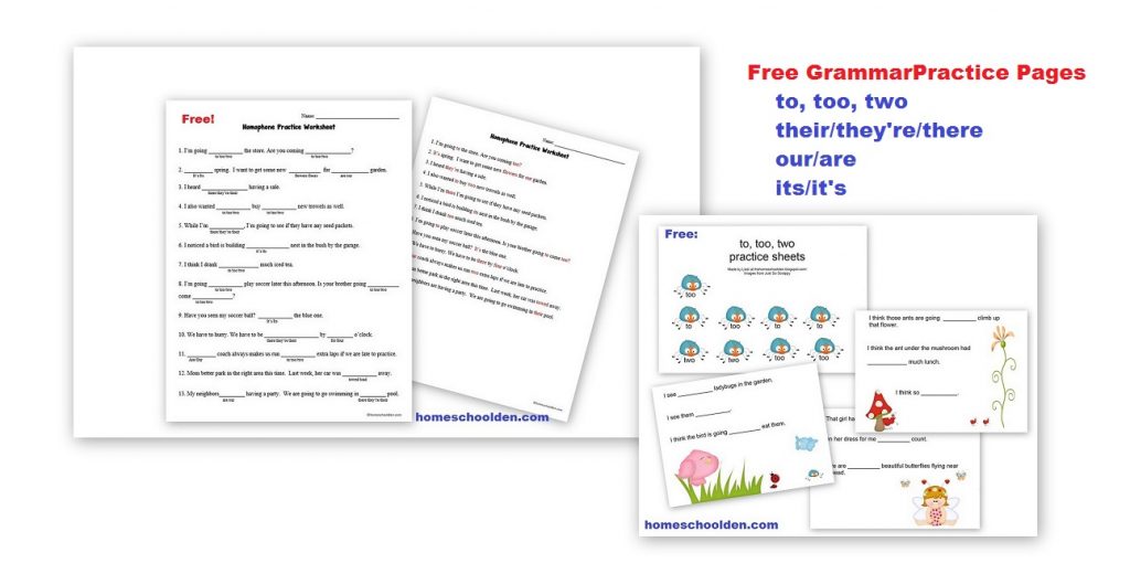 homophone free worksheet to too two their they're there its it's