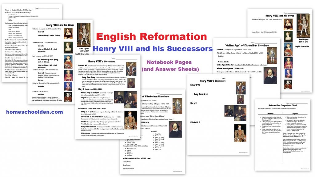 English Reformation Henry VIII worksheets