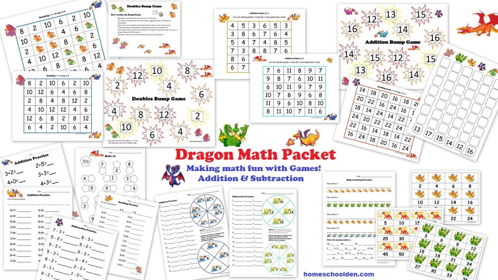 Dragon Math Packet Addition Games Worksheets Homeschool Den