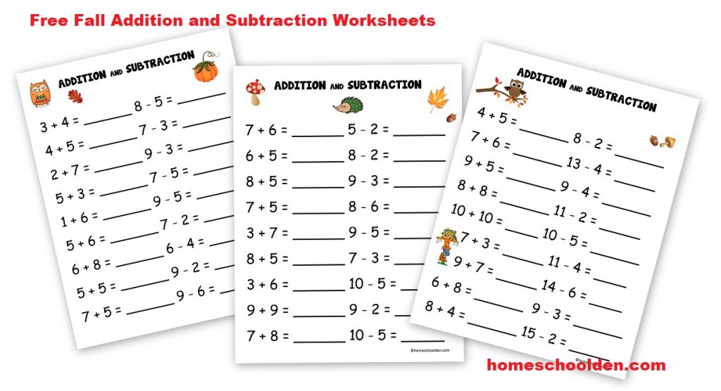 Free Fall Addition and Subraction Worksheets