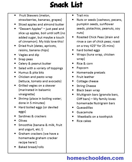Snack List for Kids