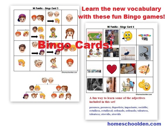 Spanish Bingo Games - familia - family vocabulary