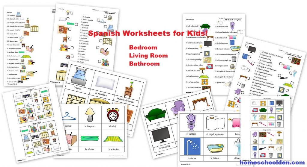Spanish Worksheets for Kids - Bedroom Living Room Bathroom