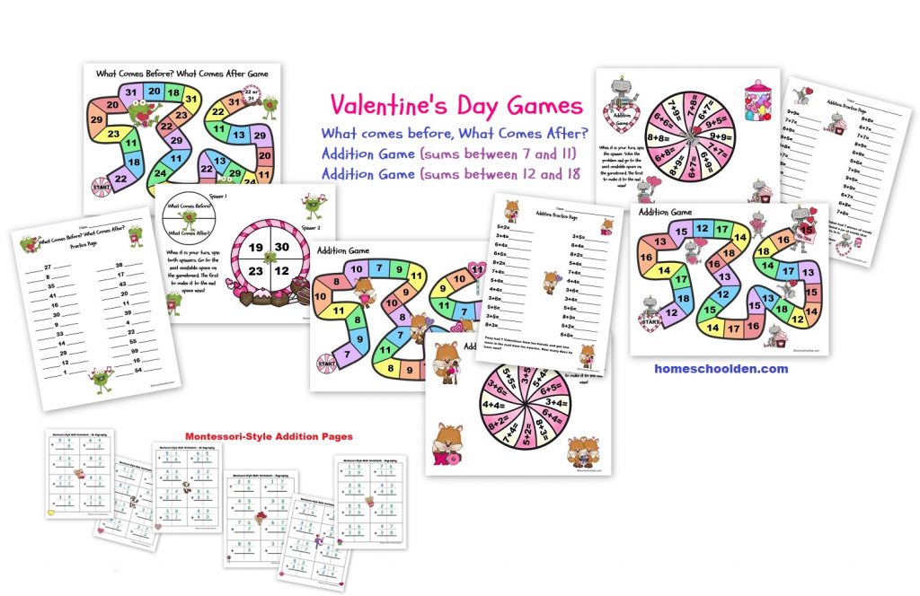 Valentines Math Games - Montessori Addition Pages