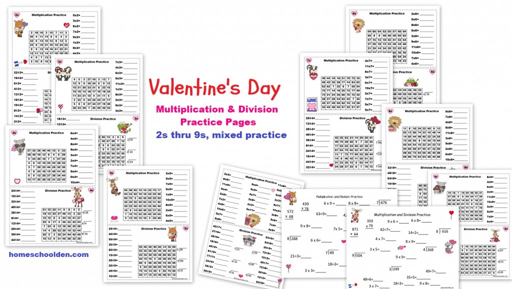 Valentines Day Multiplication and Division Worksheets 2s thru 9s