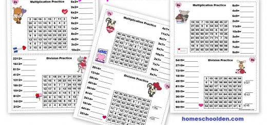 Valentine's Day Multiplication and Division Worksheets 2s thru 9s