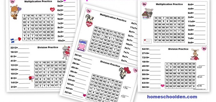 Valentine's Day Multiplication and Division Worksheets 2s thru 9s