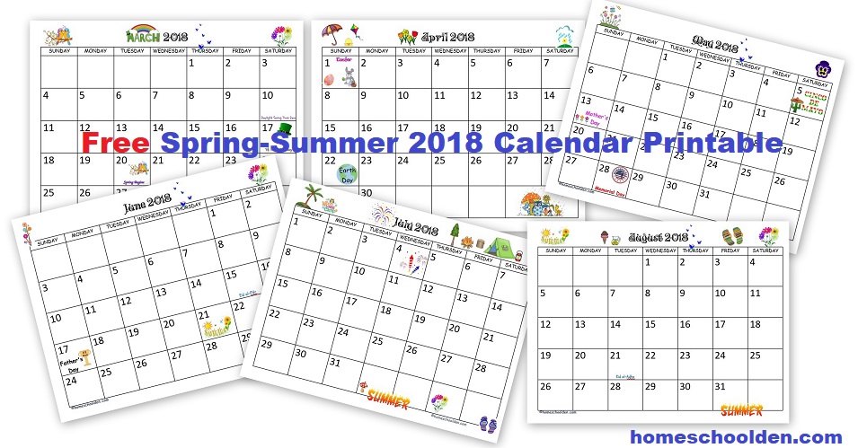 Free Spring-Summer 2018 Calendar Pages