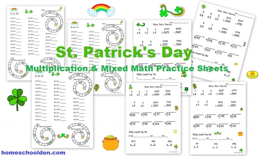 St. Patricks Day Multiplication and Mixed Math Practice Worksheets