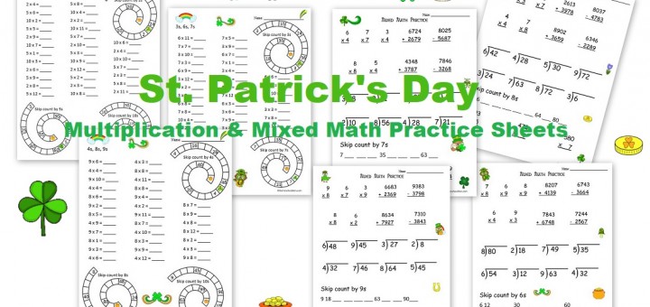 St. Patricks Day Multiplication and Mixed Math Practice Worksheets