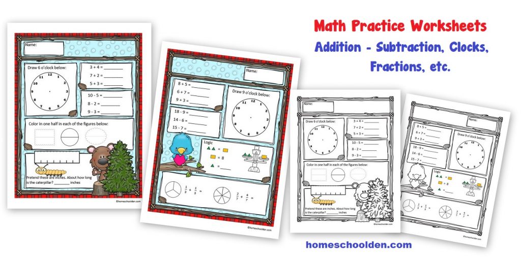 Math Practice Worksheets - Addition - Subtraction - Easy Fractions