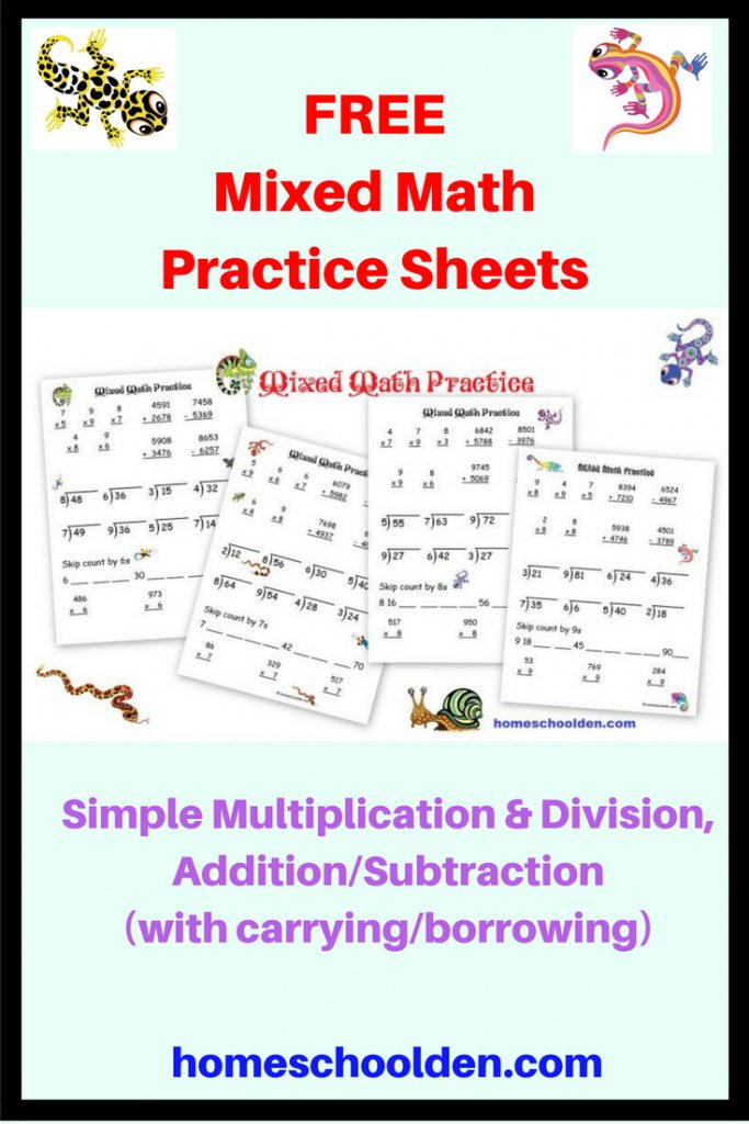 Free Mixed Math Practice Worksheets multiplication division addition subtraction for 2nd or 3rd grade