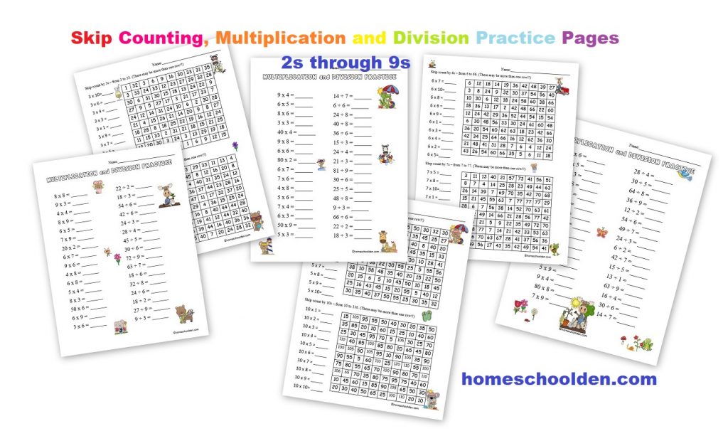 Skip Counting, Multiplication and Division Practice Pages 2s thru 9s