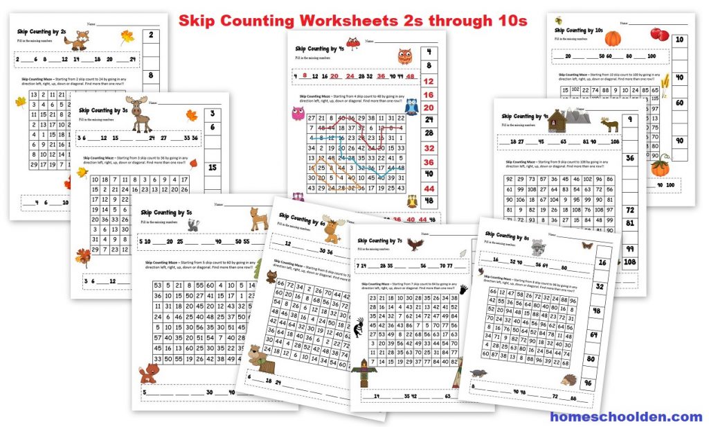 Skip Counting Worksheets 2s through 10s