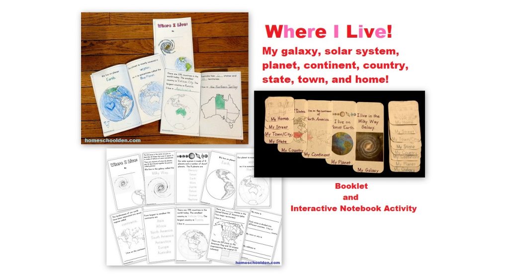 Where I Live Activities - galaxy, solar system, planet, continent, country, state, city or town, home