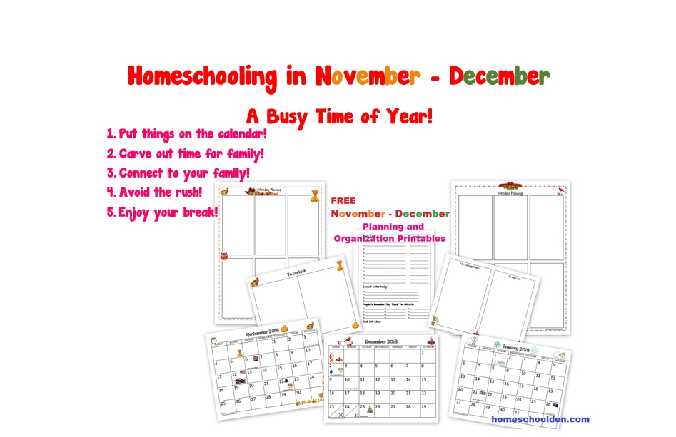 Homeschooling in November December - A Busy Time of Year - Free Printable Packet