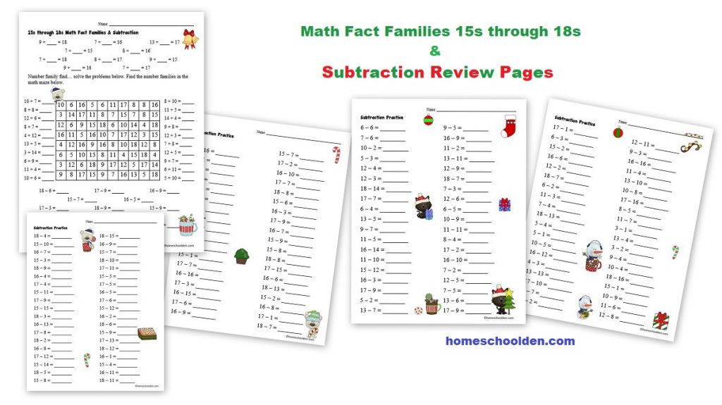 Math Fact Families 15s through 18s Subtraction Packet