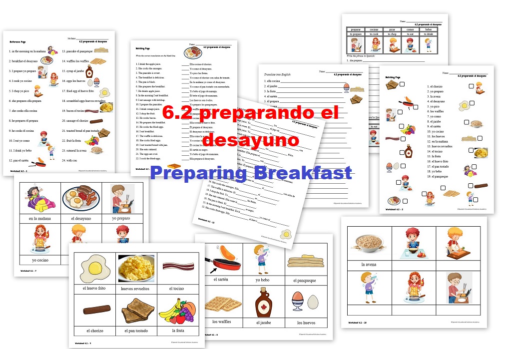 Spanish Worksheets for Kids - preparando el desayuno - preparing breakfast Spanish