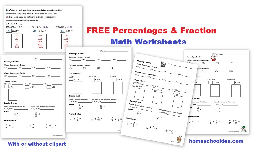 Free Percentages and Fractions Math Worksheets