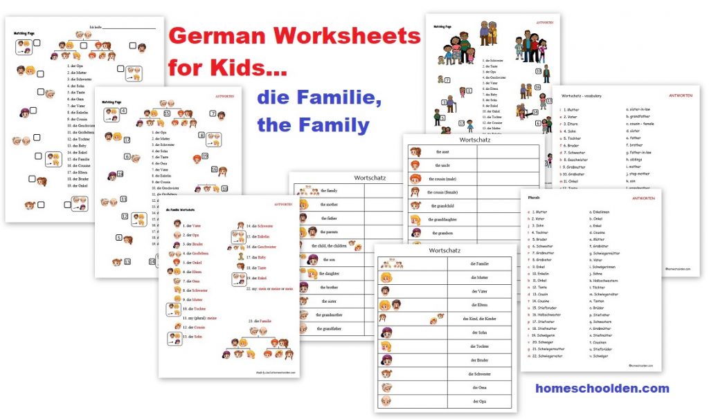 German Worksheets for Kids - Matching Pages die Familie - the Family