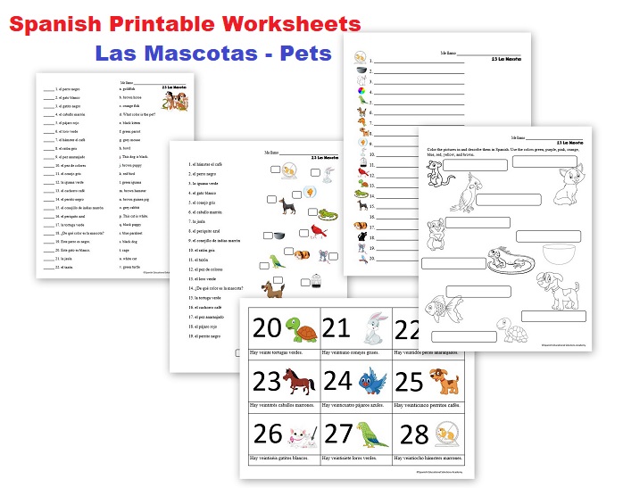 Spanish Printable Worksheets - Las Mascotas - Pets