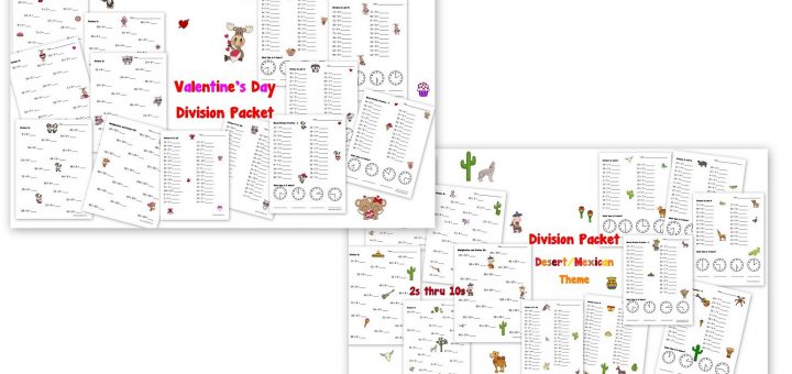 Division Worksheet Packets - 2 pdfs with math fact worksheets - Valentines and Desert Themes