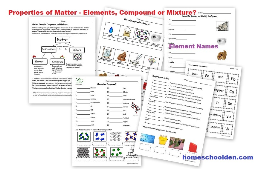 Properties of Matter - Elements Compounds Mixtures Worksheets