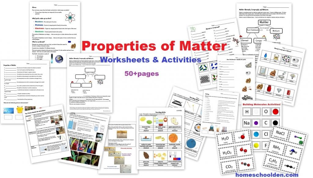 Properties of Matter Worksheets Activities - elements compounds solutions