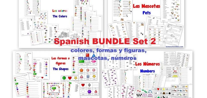 Spanish Worksheet BUNDLE Set 2 - colores formas figuras mascotas numeros