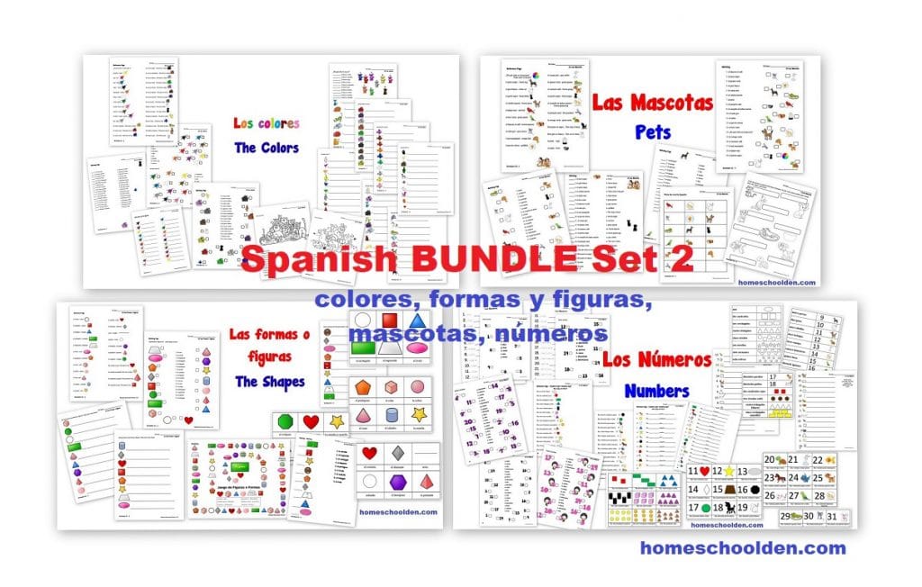 Spanish Worksheet BUNDLE Set 2 - colores formas figuras mascotas numeros
