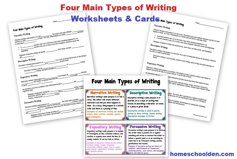 Four Main Types of Writing - Worksheets and Cards