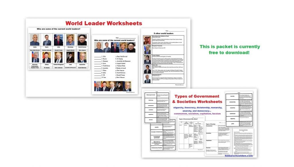World Leaders -Types of Governments - Types of Societies Worksheets