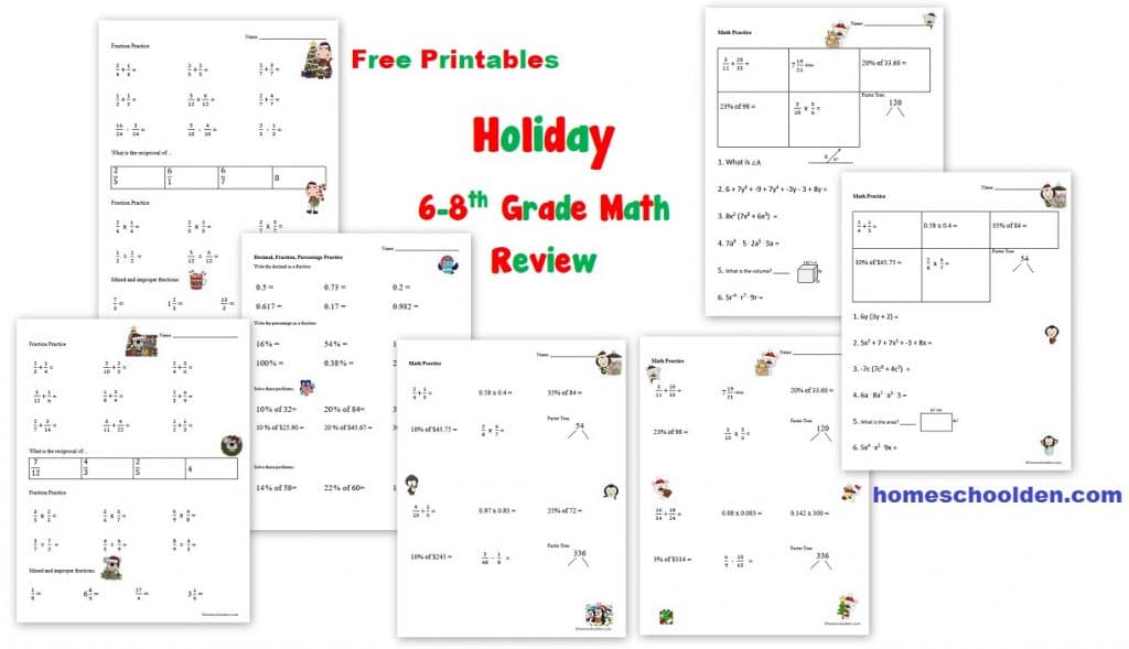 Holiday Math Review - 6th to 8th grade Free Printables