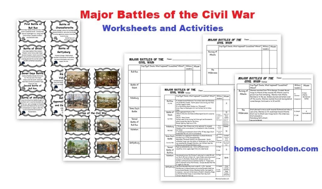 Major battles of the Civil War Worksheets and Activities